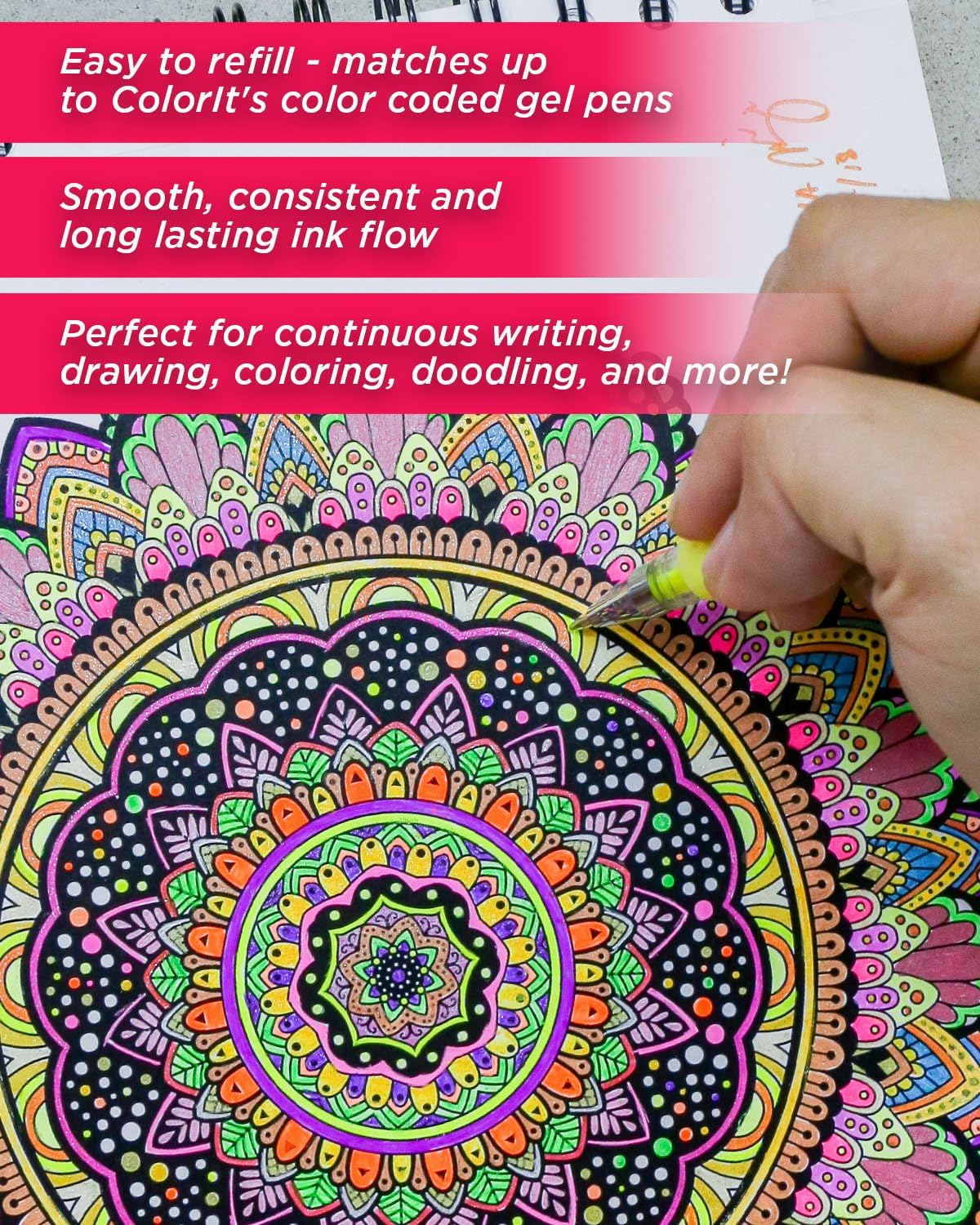 ColorIt 48 Gel Pen Ink Refills for Glitter, Metallic, and Neon - Color Coded for Easy Replacement (Glitter) - Pen Refills