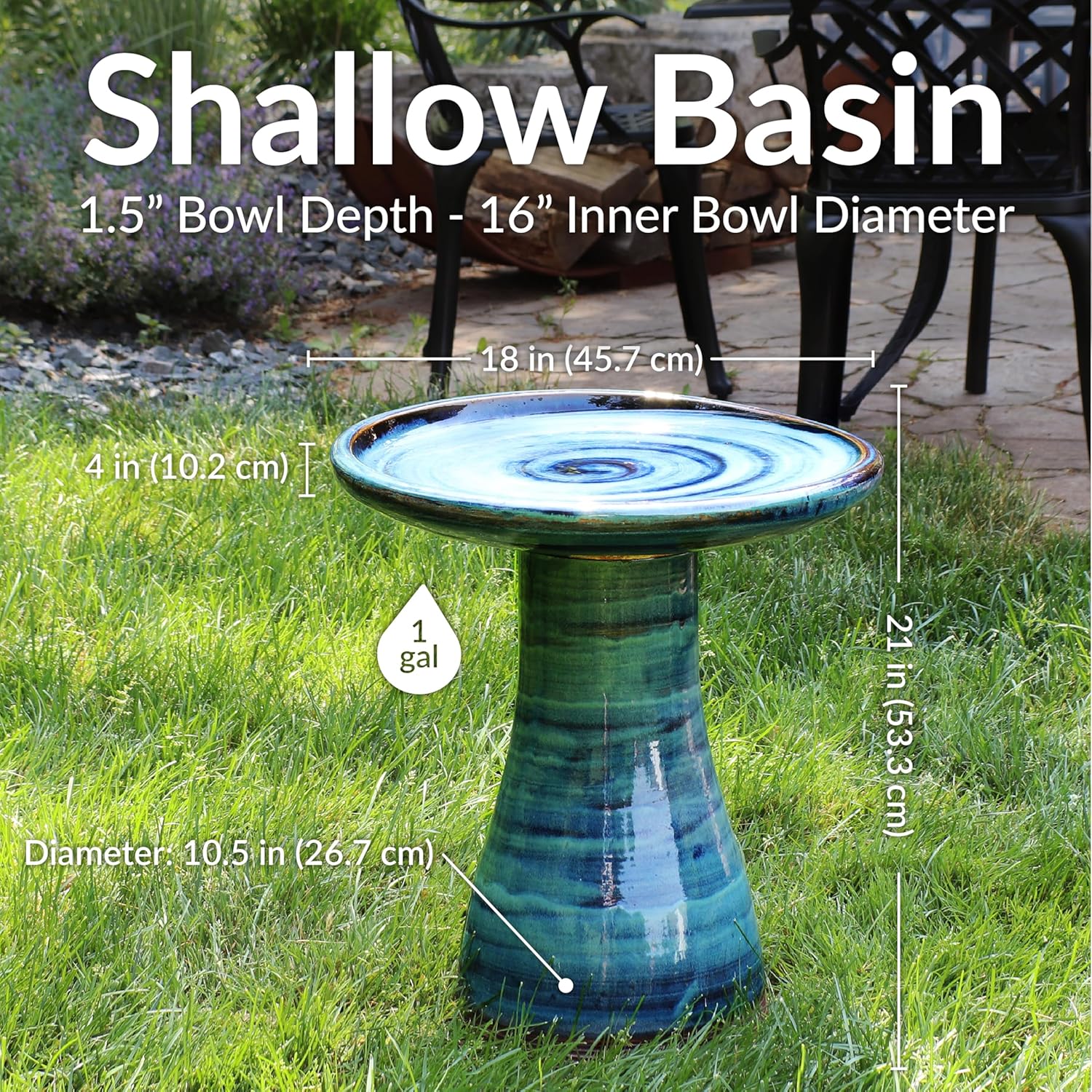 Sunnydaze 21inch H Ceramic Bird Bath for Outside - Hand-Painted Outdoor Bird Bath Bowl, UV/Frost-Resistant Finish - Galaxy Blue - Classic Pedestal