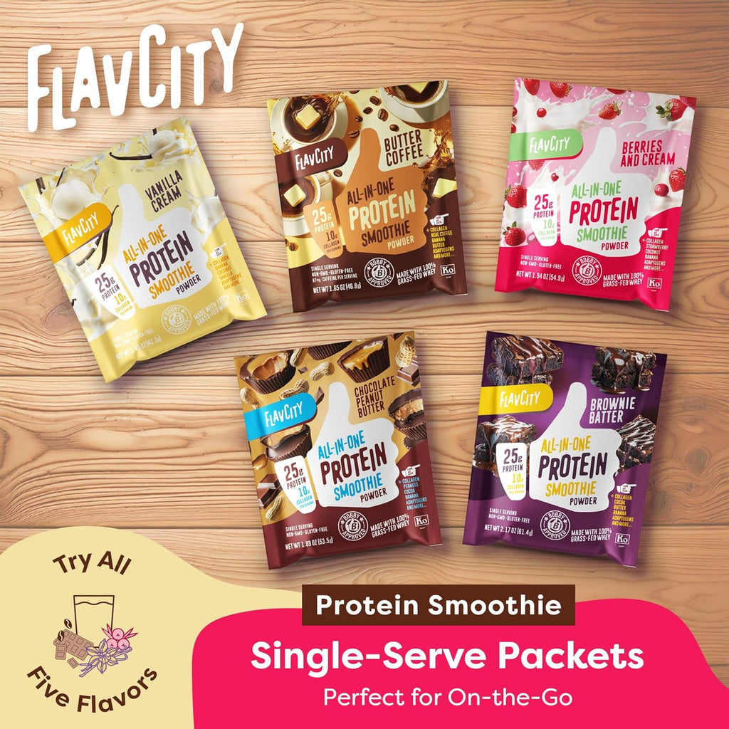 FlavCity Grass Fed Whey Protein Powder - Variety Pack - 25g Protein 10g Collagen - 5 Single Serve Packets - Made with Organic Reishi Cordyceps - Gluten Free No Added Sugars
