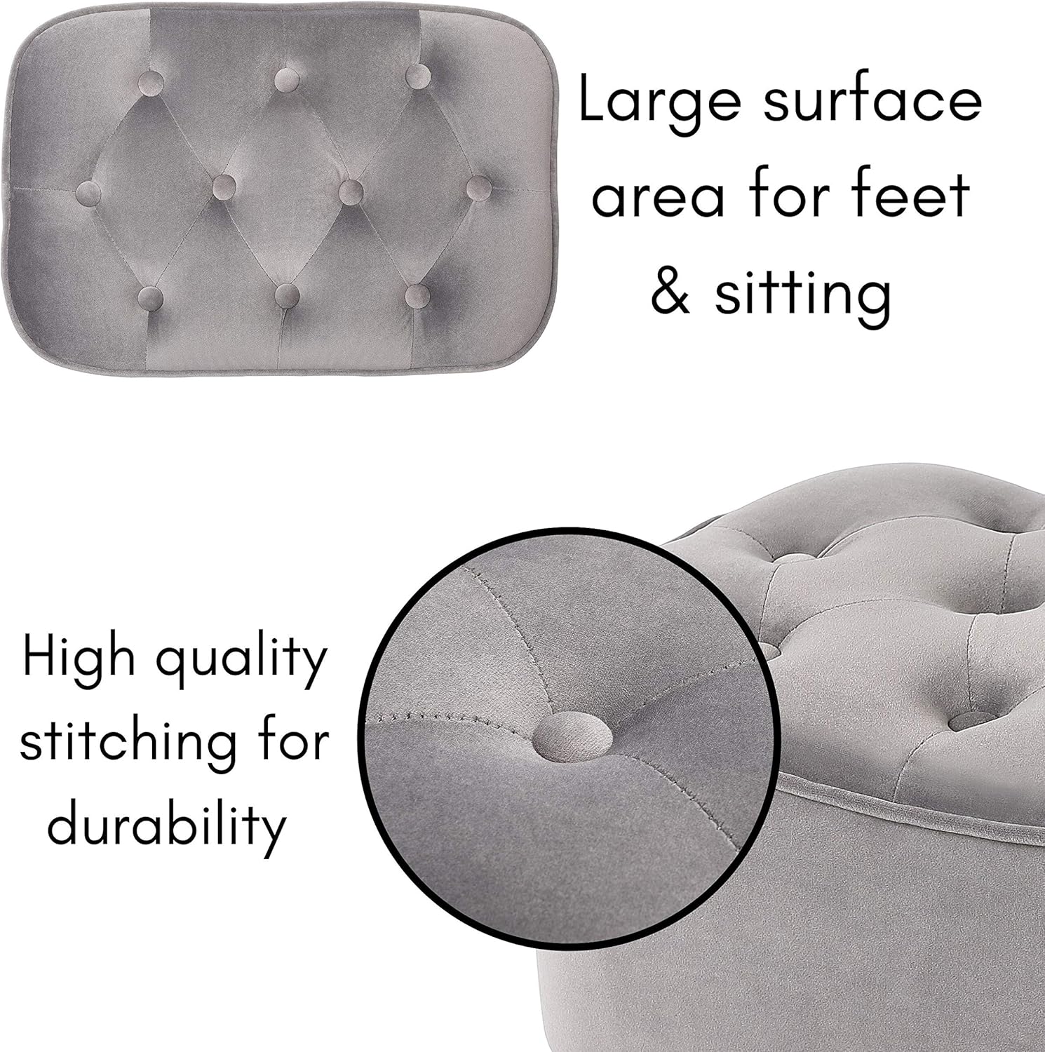 BIRDROCK HOME Tufted Curve Ottoman Velvet Foot Stool - Upholstered Padded Footrest for Living Room or Bedroom - Small Cushioned Accent Chair for Couch, Sofa, Large Seating - Modern Furniture - Grey