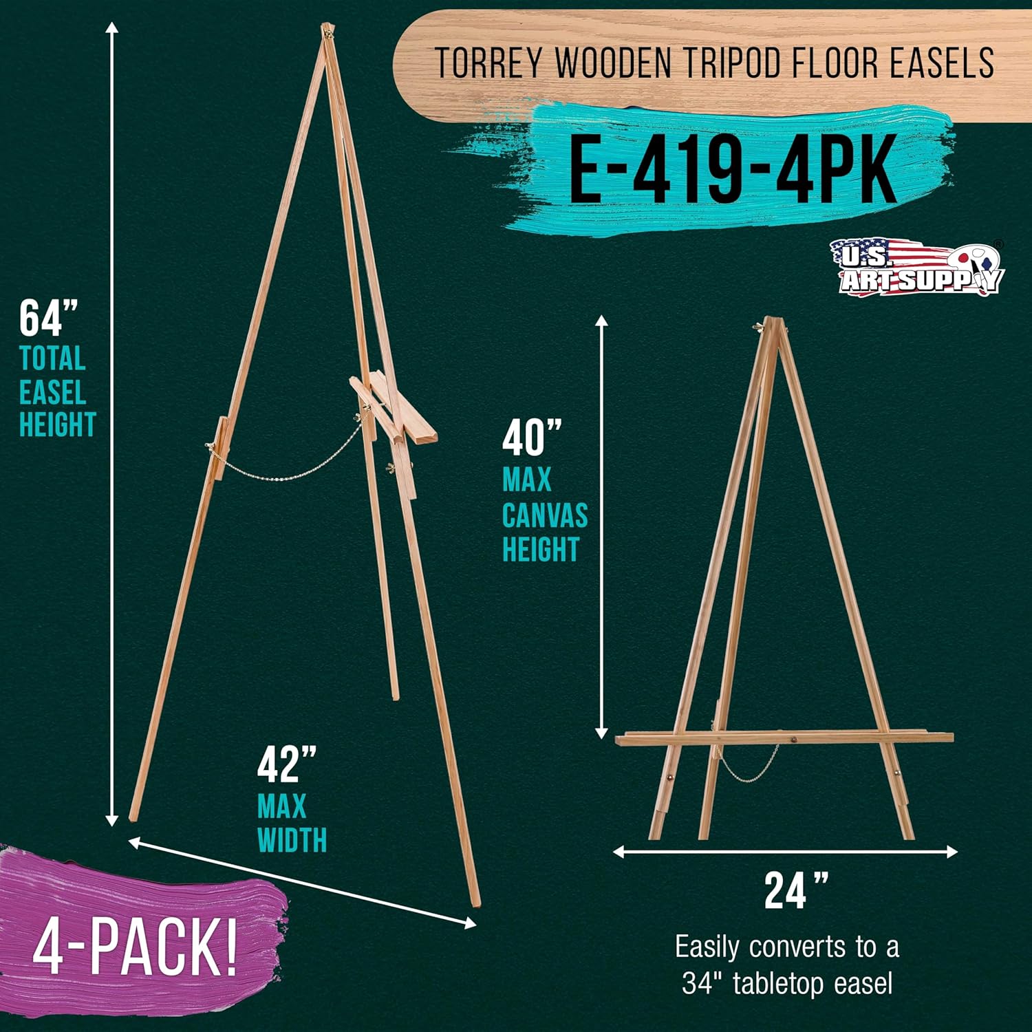 U.S. Art Supply 64inch Wooden Easel Stand (4 Pack) - Adjustable A-Frame Tripod for Painting, Drawing, Photos & Signs - Lightweight Easels, Wood Easel Stand for Sign Wedding Display 40inch Canvas Capacity