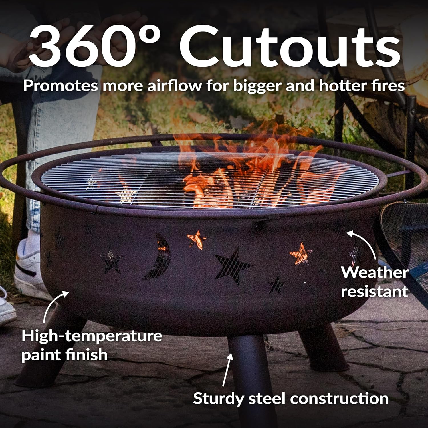 Sunnydaz Cosmi 30-Inc Pati Fir Pi fo Outsid Outdoo Wood-Burnin Fir Pi wit Gril Grate Spar Screen an Fireplac Poker