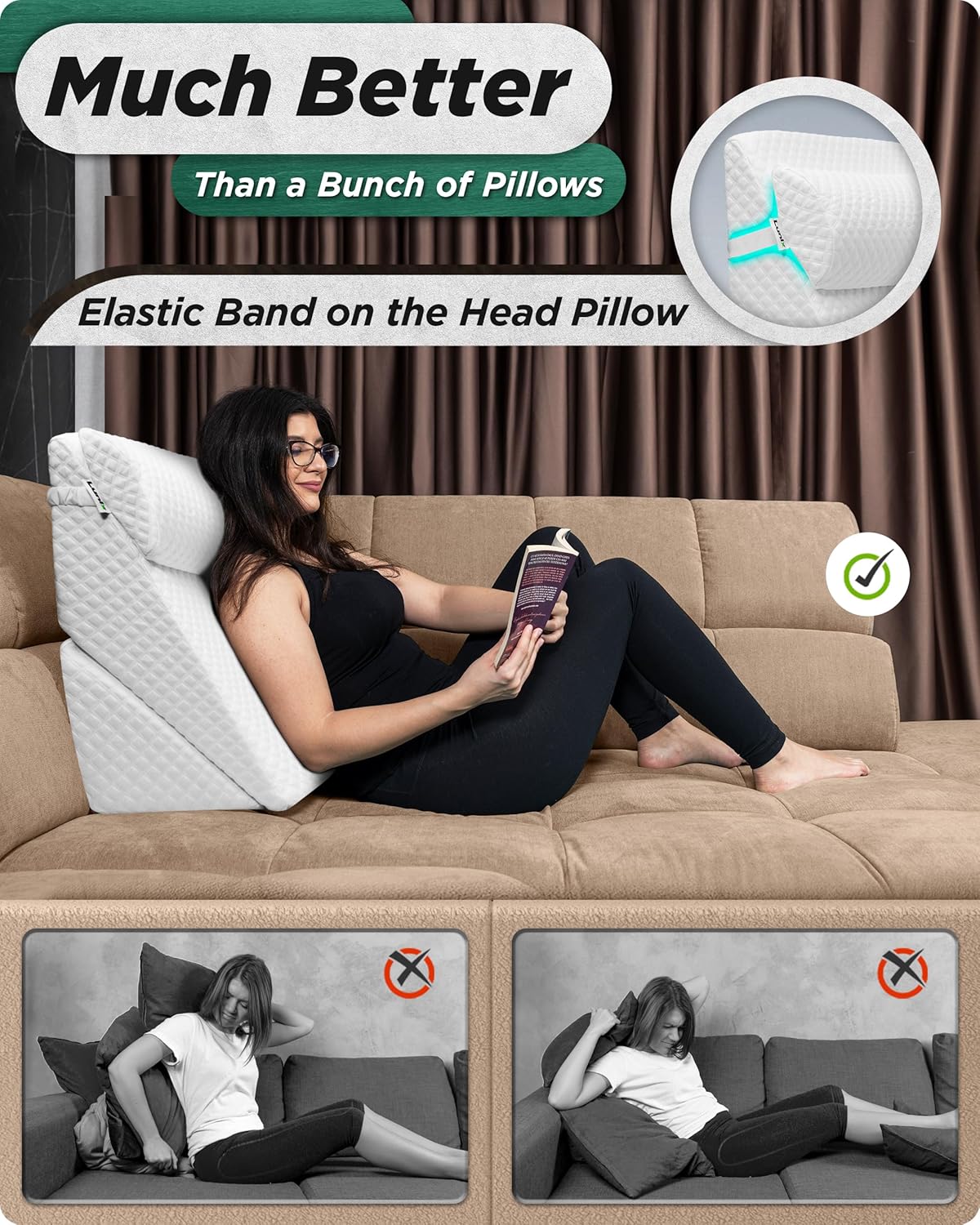 Lunix 3pcs Orthopedic Bed Wedge Pillow Set, Post Surgery Memory Foam for Back, Leg, and Knee Pain Relief, Adjustable Sitting Pillow for Sleeping, Acid Reflux, and GERD, with Hot Cold Pack, White