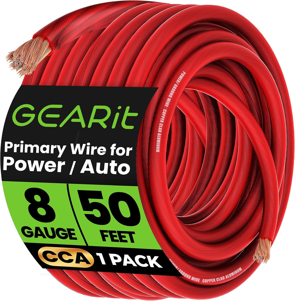 GEARit 8 Gauge Wire, (50ft Each - Red Translucent) Copper Clad Aluminum CCA - Primary Automotive Wire Power/Ground, Battery Cable, Car Audio Speaker, RV Trailer, Amp, Electrical 8ga AWG 50 Feet