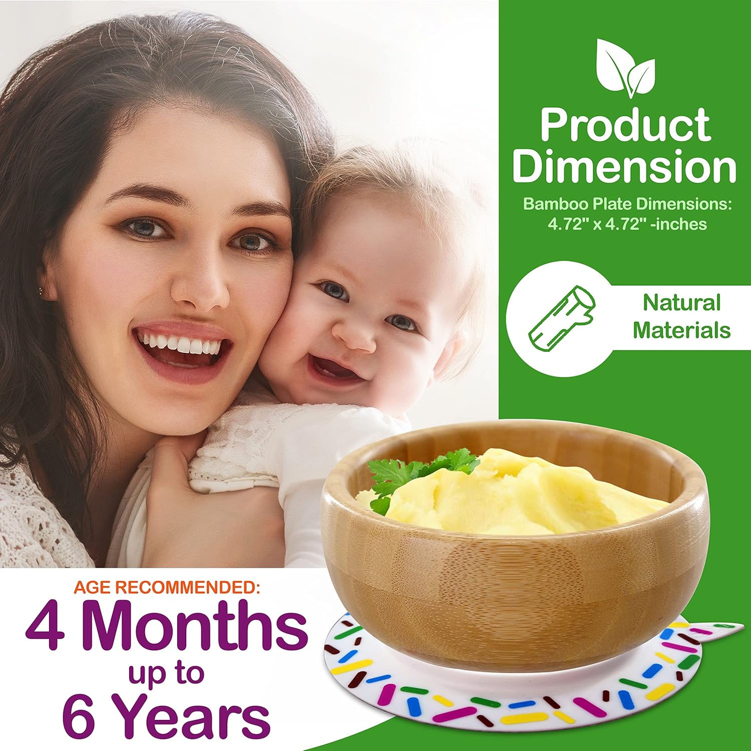 NutriChe Bambo Bab Feedin Bow Woode Infan Toddle Dis an Spoo Se w/Silicon Suctio Bas fo Sta Pu Eating Fo Childre Age 4-7 Month (Sparkle)