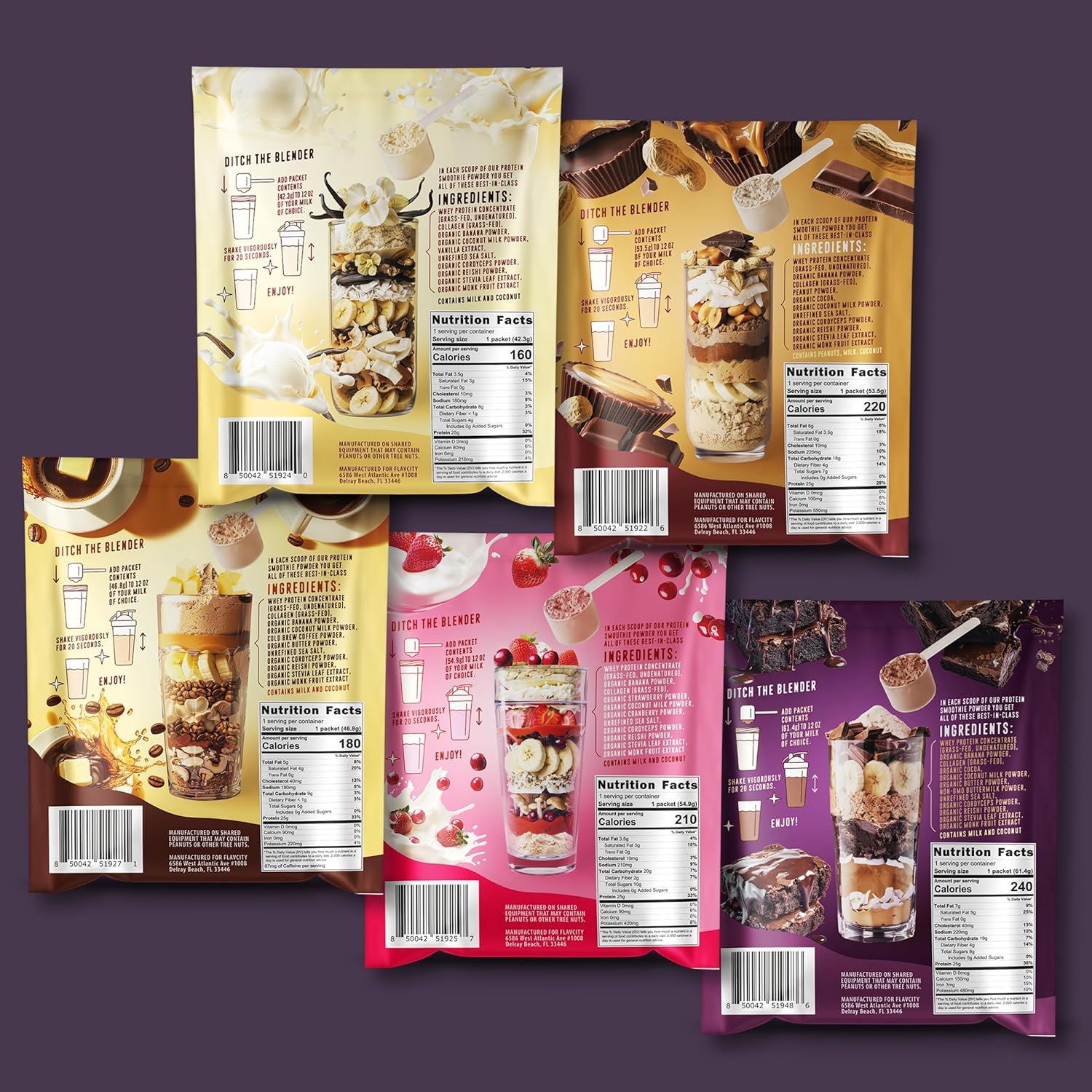 FlavCity Grass Fed Whey Protein Powder - Variety Pack - 25g Protein 10g Collagen - 5 Single Serve Packets - Made with Organic Reishi Cordyceps - Gluten Free No Added Sugars