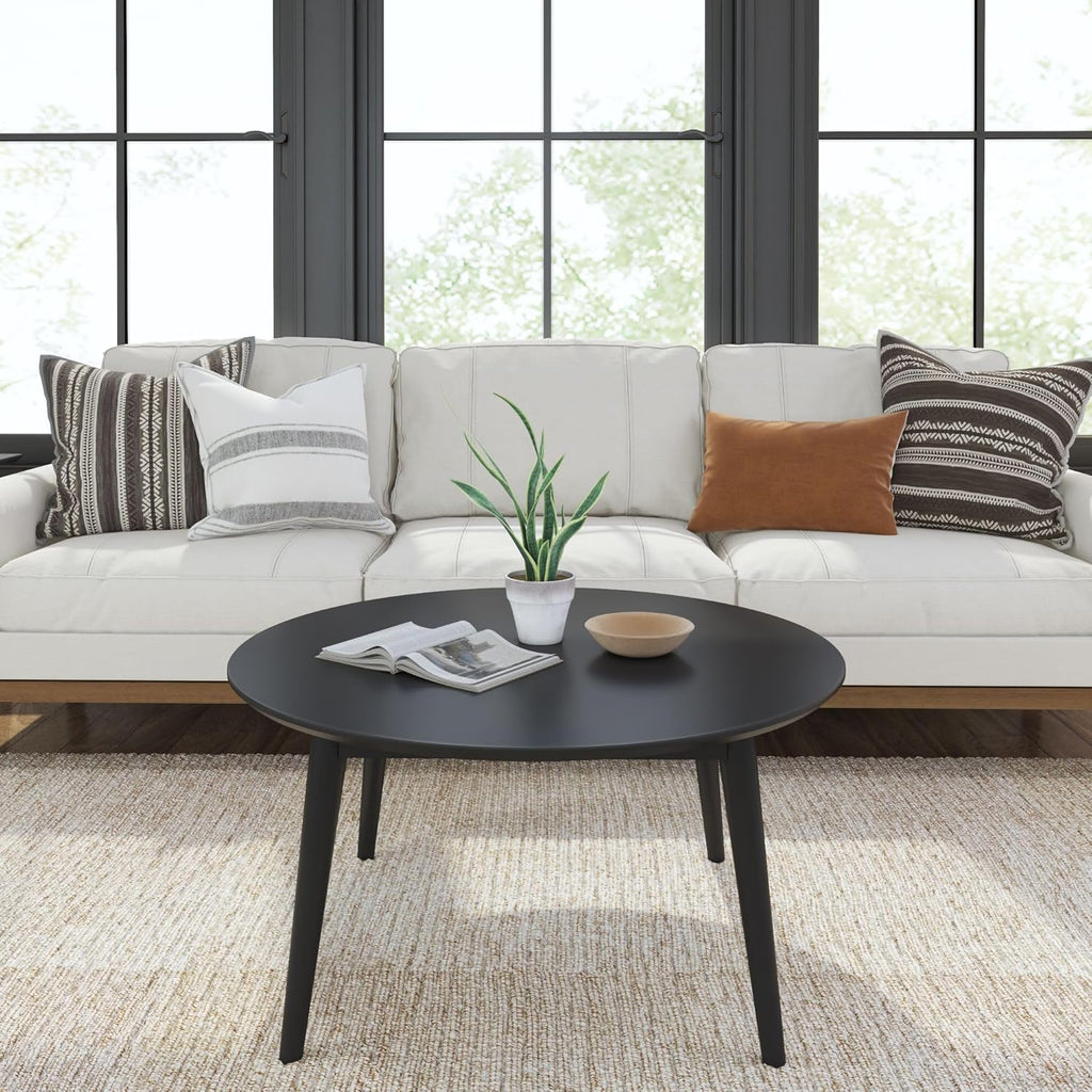 Plank+Beam Mid Century Modern Coffee Table, 36 Inch Wood Coffee Tables for Living Room, Round Center Table, Cocktail Table for Small Spaces, Black