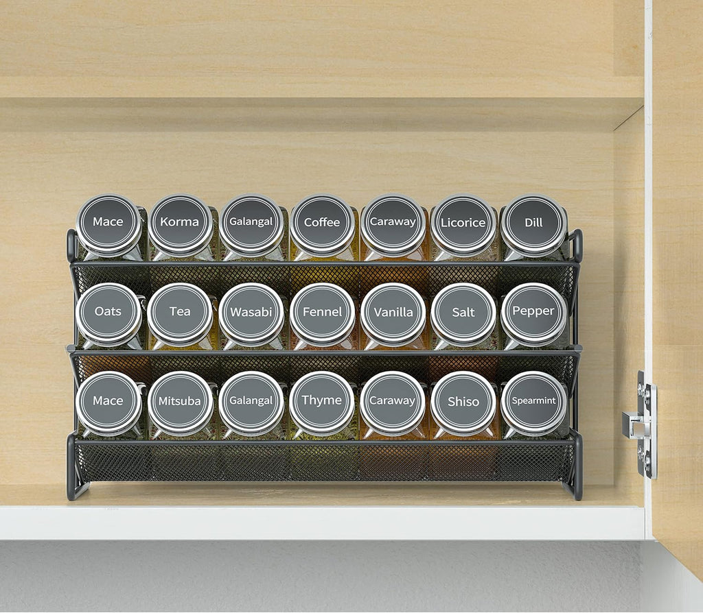 SpaceAid Spice Rack Organizer with 21 Spice Jars, 386 Spice Labels, Chalk Marker and Funnel Set for Cabinet, Countertop, Pantry, Cupboard or Door Wall Mount - 21 Jars, 13.4inch W ¡Á 9inch H, Black