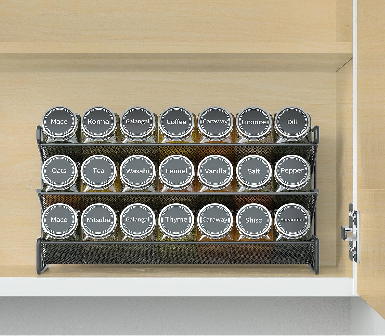 SpaceAid Spice Rack Organizer with 21 Spice Jars, 386 Spice Labels, Chalk Marker and Funnel Set for Cabinet, Countertop, Pantry, Cupboard or Door Wall Mount - 21 Jars, 13.4inch W ¡Á 9inch H, Black