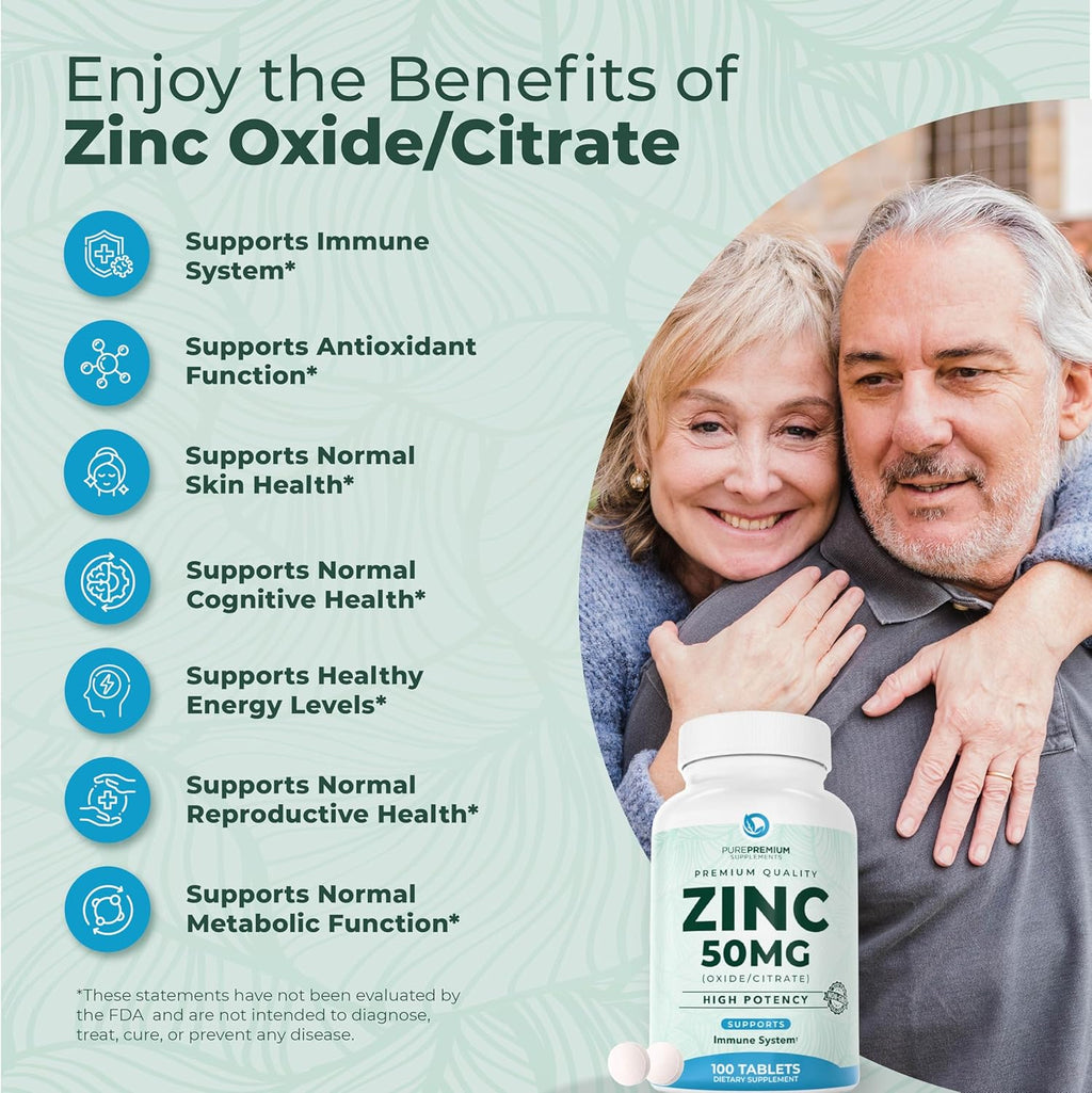 PurePremiu Natura Zin 50m Supplement fo Men/Wome GMP-Certifie Hig Potenc Vitami Zin Citrate/Oxid fo Adults Immun Antioxidant Energ Suppor 10 Tablets