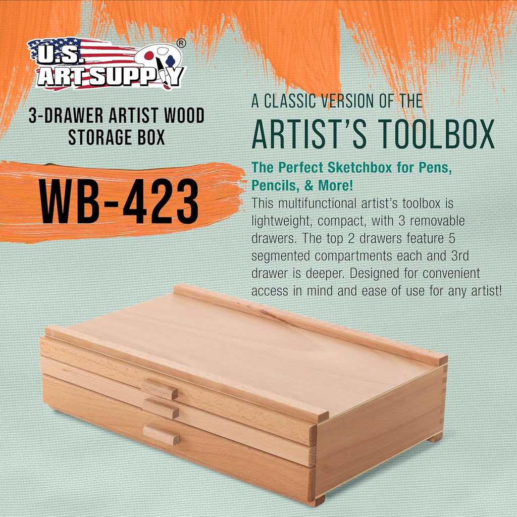 U.S Ar Suppl 3-Drawe Artis Too Suppl Bo wit Compartment pe Drawe Hardwoo Ar Bo fo Artis Supplies Brushes Pencils Erasers Too Storag Organize Case
