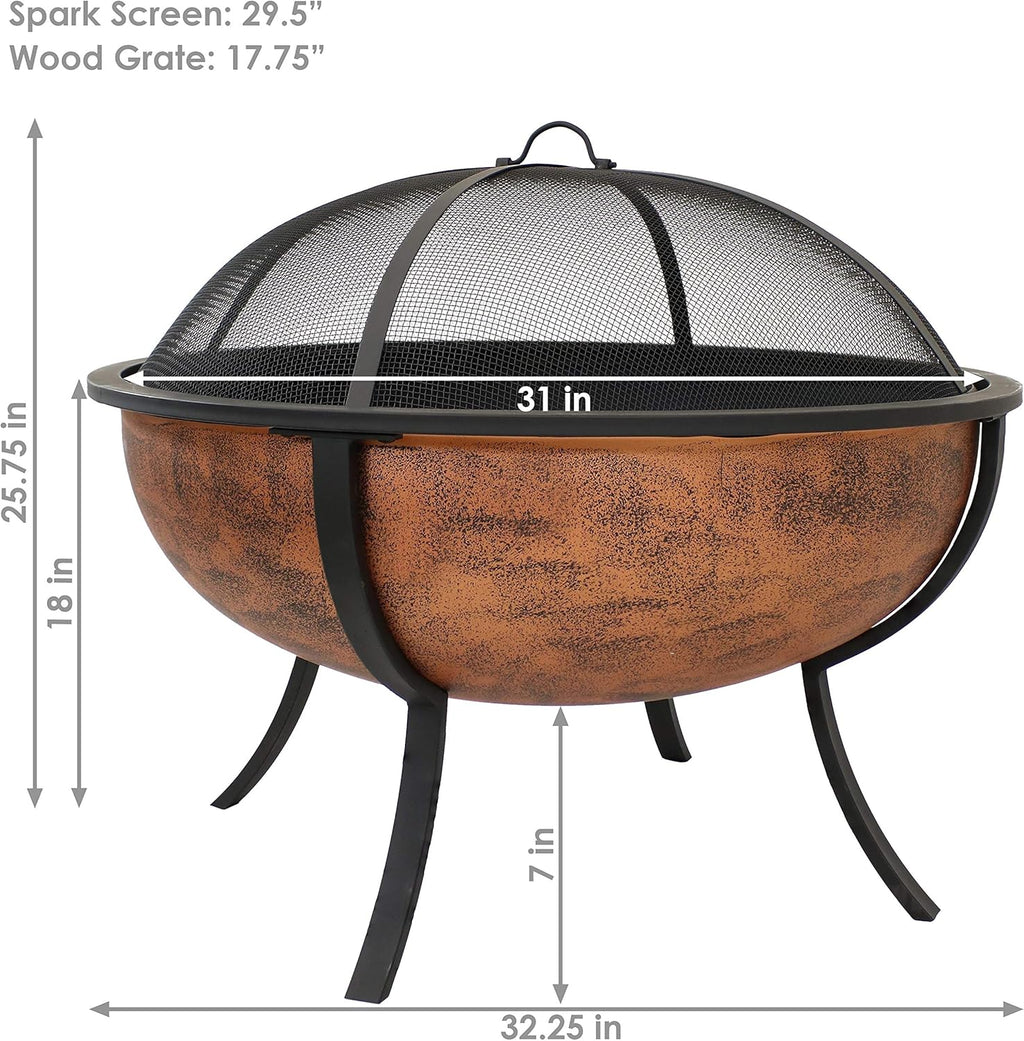Sunnydaz 32-Inc Coppe Fir Pi fo Outsid Wood-Burnin Fir Pi Bow wit Spar Screen Woo Grate an Poker