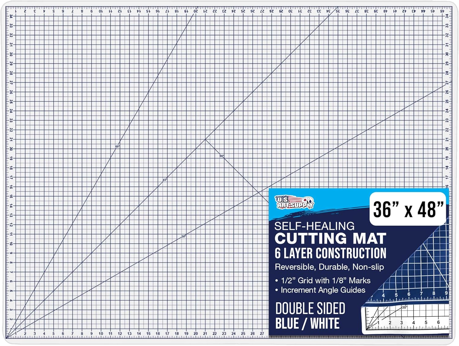 U.S. Art Supply 36inch x 48inch Self-Healing Cutting Mat 5-Ply - Double-Sided White/Blue Craft Mat, Non-Slip Cutting Mats for Crafts, Sewing, Quilting, Scrapbooking