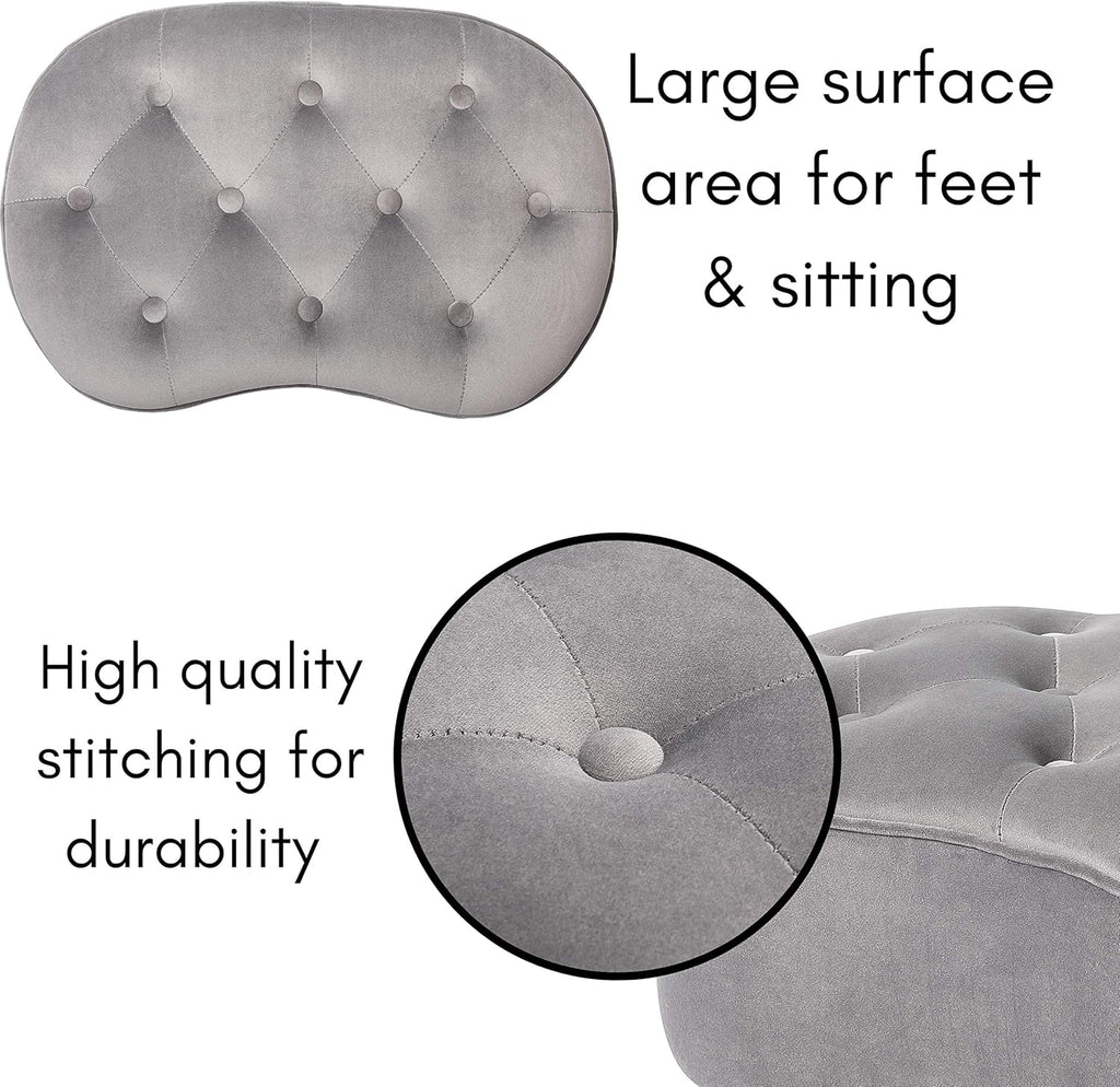 BIRDROCK HOME Tufted Oblong Velvet Ottoman - Mid Century Modern Design Furniture with Steel Legs - Soft, Compact, Padded Foot Stool for Living Room, Office and Bedroom- Grey Velvet, 22.5x15 Inches