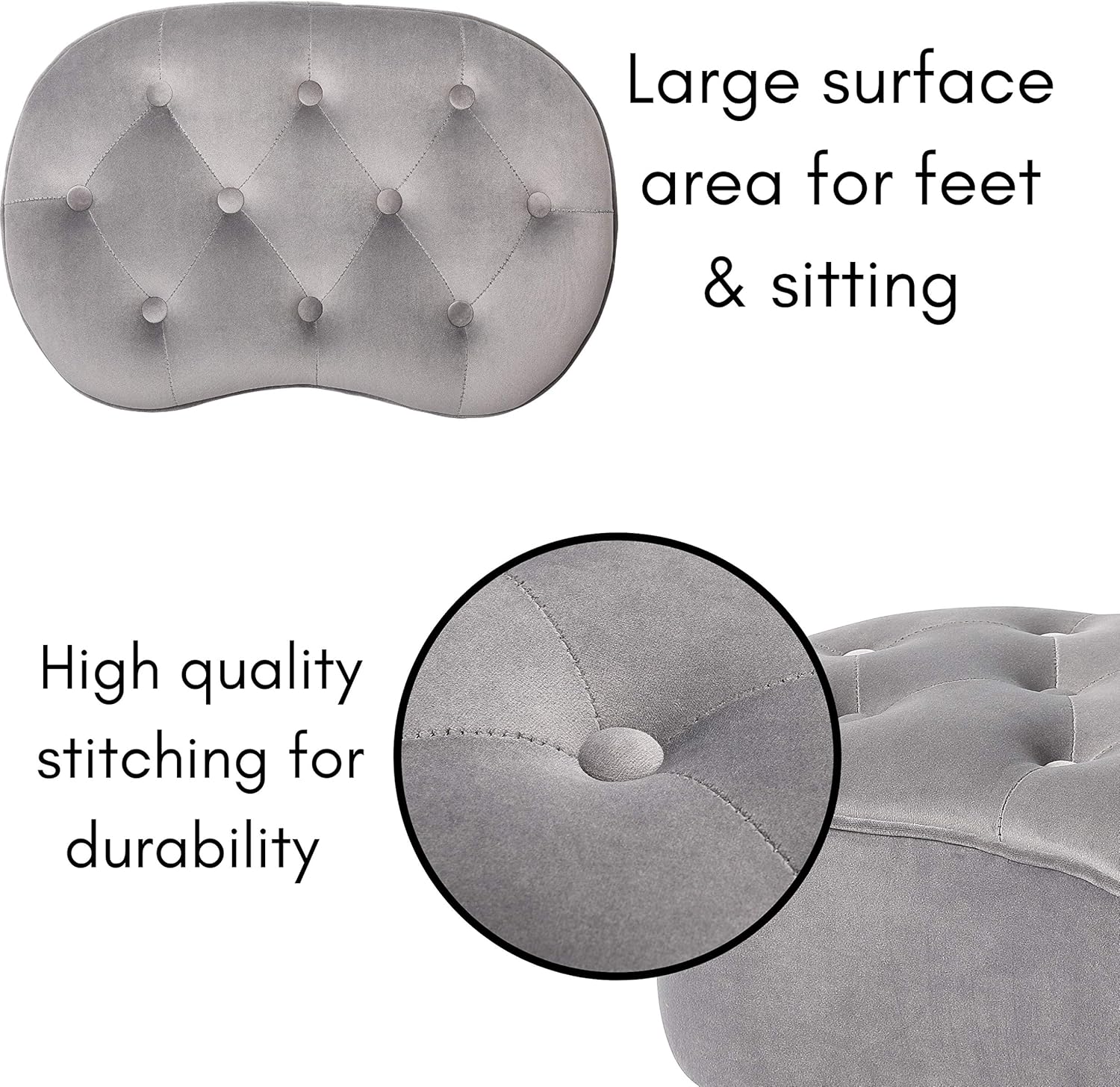 BIRDROCK HOME Tufted Oblong Velvet Ottoman - Mid Century Modern Design Furniture with Steel Legs - Soft, Compact, Padded Foot Stool for Living Room, Office and Bedroom- Grey Velvet, 22.5x15 Inches