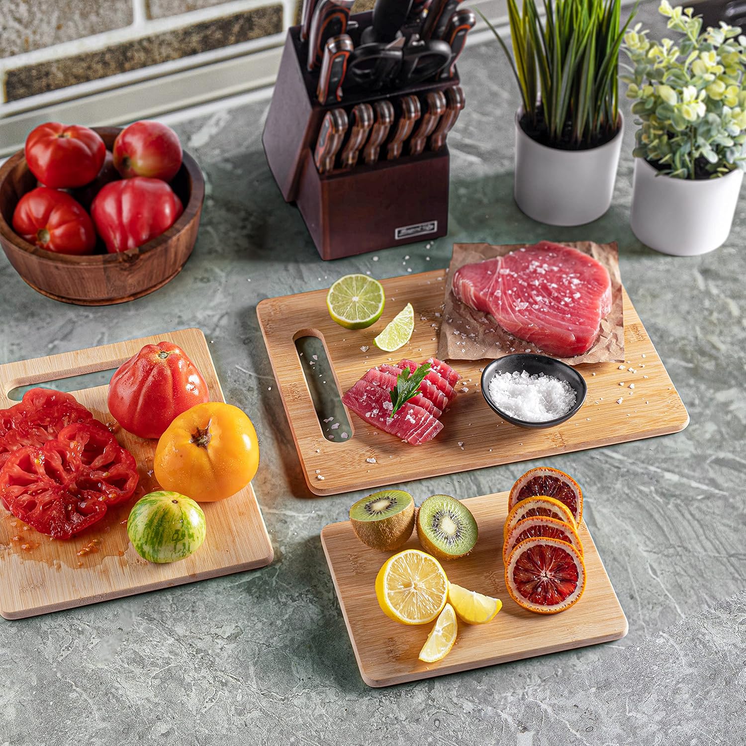 Bamboo Cutting Board Set of 4 - Wooden Cutting Boards for Kitchen with Juice Groove - Large Butcher Block, Cheese Board Charcuterie Board for Meat, Vegetables, and Cheese - Great Kitchen Gift