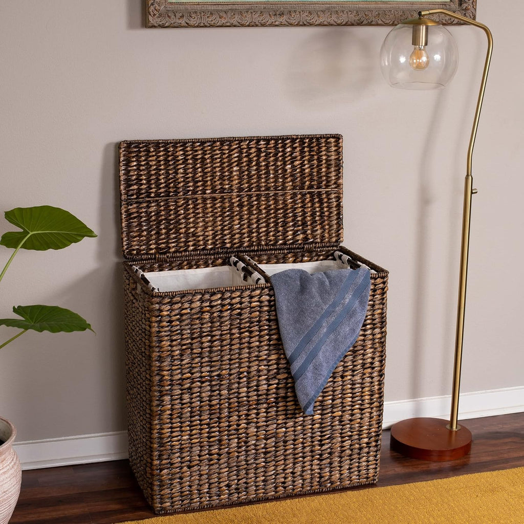 BIRDROCK HOME Oversized Dual Hampers with Lid - Handwoven Natural Seagrass Fiber Compartment Laundry Hamper w/Dual Removable Liners Bag - Split/Two Side Basket for Dirty Laundry, Clothes - Brown Wash