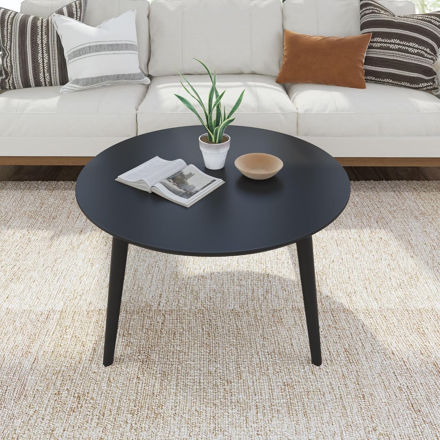 Plank+Beam Mid Century Modern Coffee Table, 36 Inch Wood Coffee Tables for Living Room, Round Center Table, Cocktail Table for Small Spaces, Black