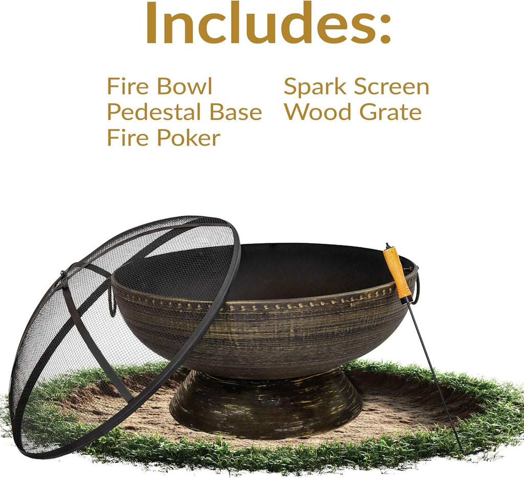 Sunnydaze 30-Inch Large Outdoor Fire Pit - Wood Burning Fire Pit for Outside with Poker and Screen - Black Finish - Regal Cauldron