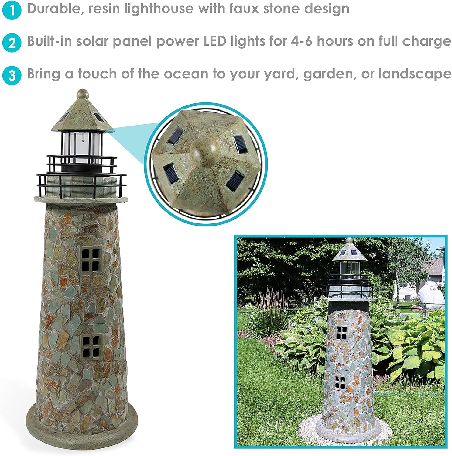 Sunnydaz 35-Inc Outdoo Lighthous Lam Sola Lighthous Deco wit LE Ligh fo Garden Yard Pati Decorativ Cobblestone