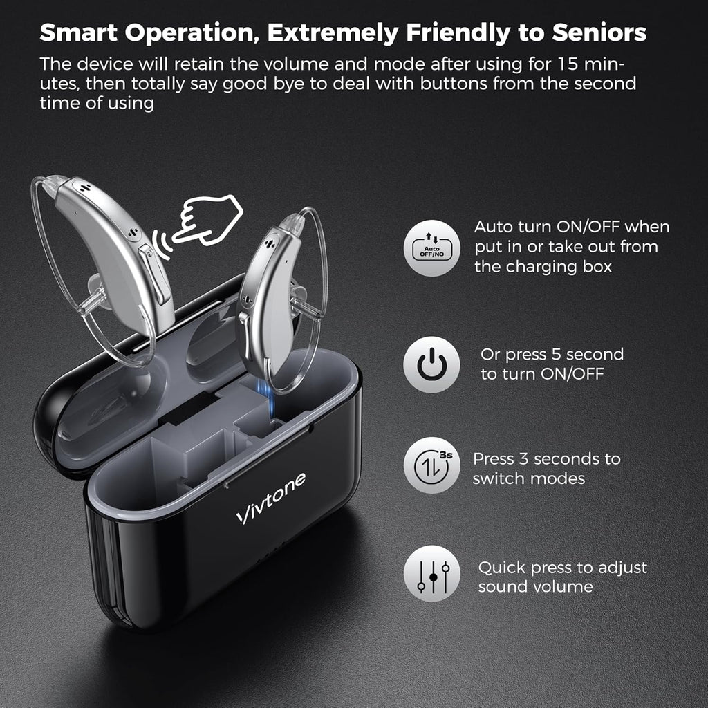 Rechargeable Hearing Aids for Seniors Adults, Advanced Multi Channel Digital BTE Hearing Assist, with Recycle Charging Case for 125 Hrs Backup Power, Auto-On/Off, Pair, Lucid508