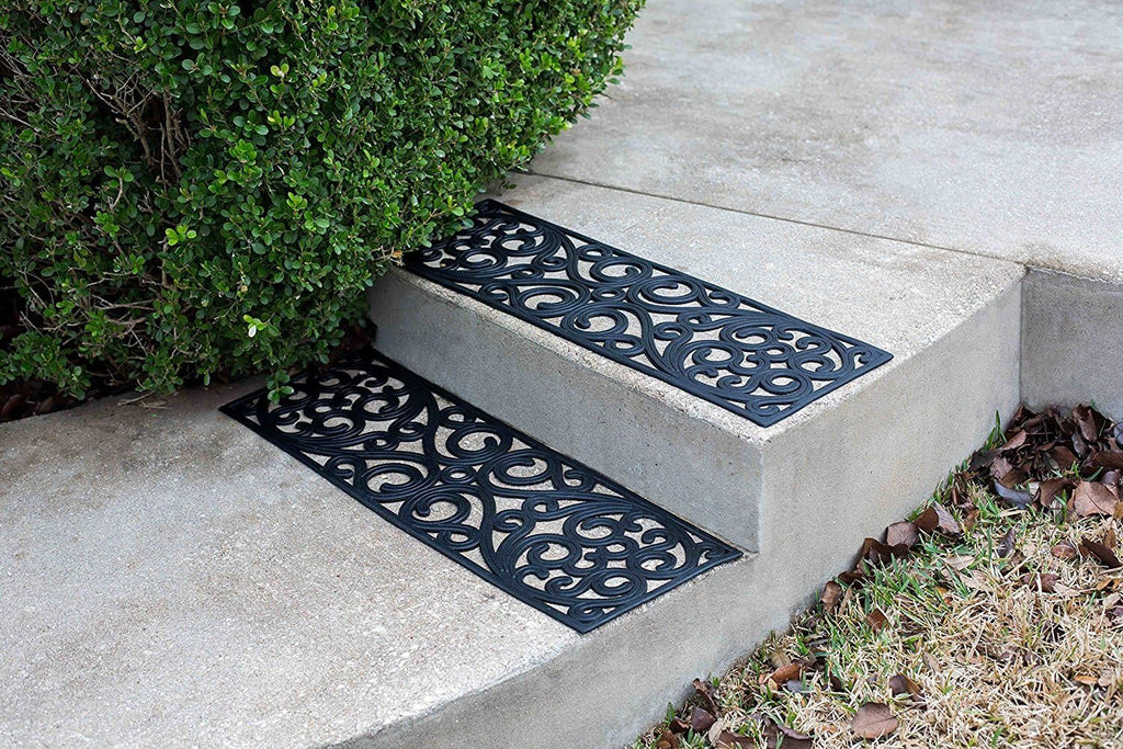 BIRDROCK HOME 10inch x 30inch Rubber Stair Mat with Scroll Design | 4 Pack | Tread Mat | Keeps Your Floors Clean | Outdoor Doormat | Decorative Design