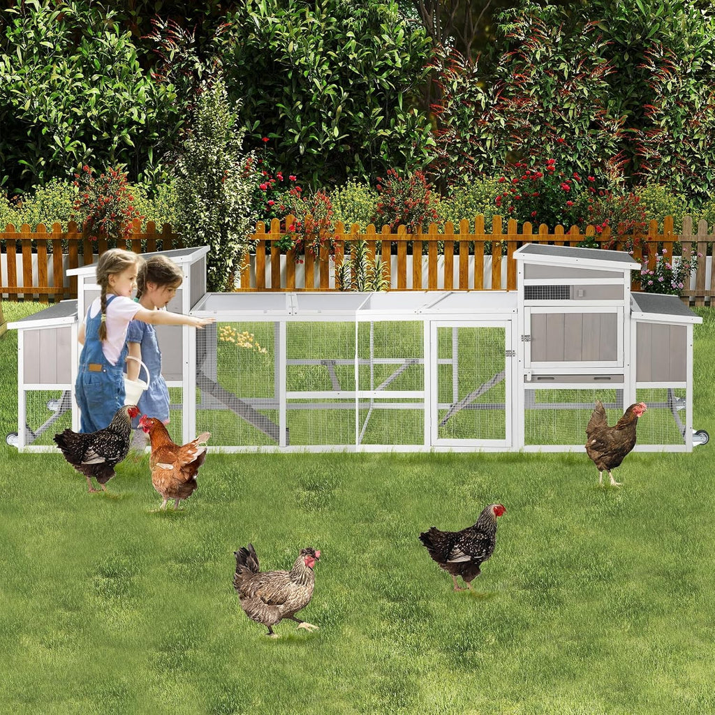 PetsCosse 157.4inch Chicke Coo wit Wheels Larg Woode Chicke Hous wit Run Backyar He Hous Poultr Cag fo 2- Chicken Rabbi an Smal Animal Nestin Box Tray Perches Se o 2 Grey