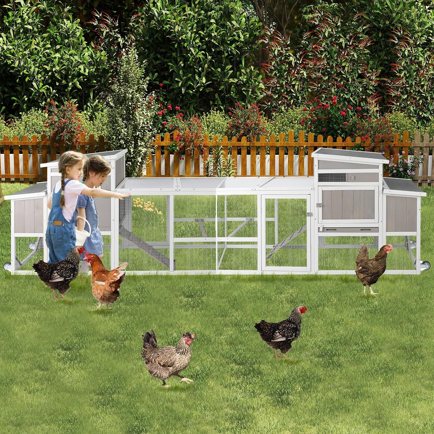 PetsCosse 157.4inch Chicke Coo wit Wheels Larg Woode Chicke Hous wit Run Backyar He Hous Poultr Cag fo 2- Chicken Rabbi an Smal Animal Nestin Box Tray Perches Se o 2 Grey