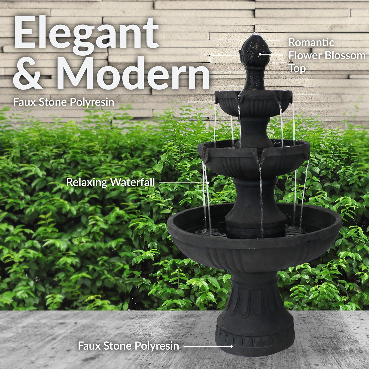 Sunnydaze Flower Blossom 43-Inch Electric Water Fountain - Outdoor Water Feature - 3-Tier Fountain - Black Finish
