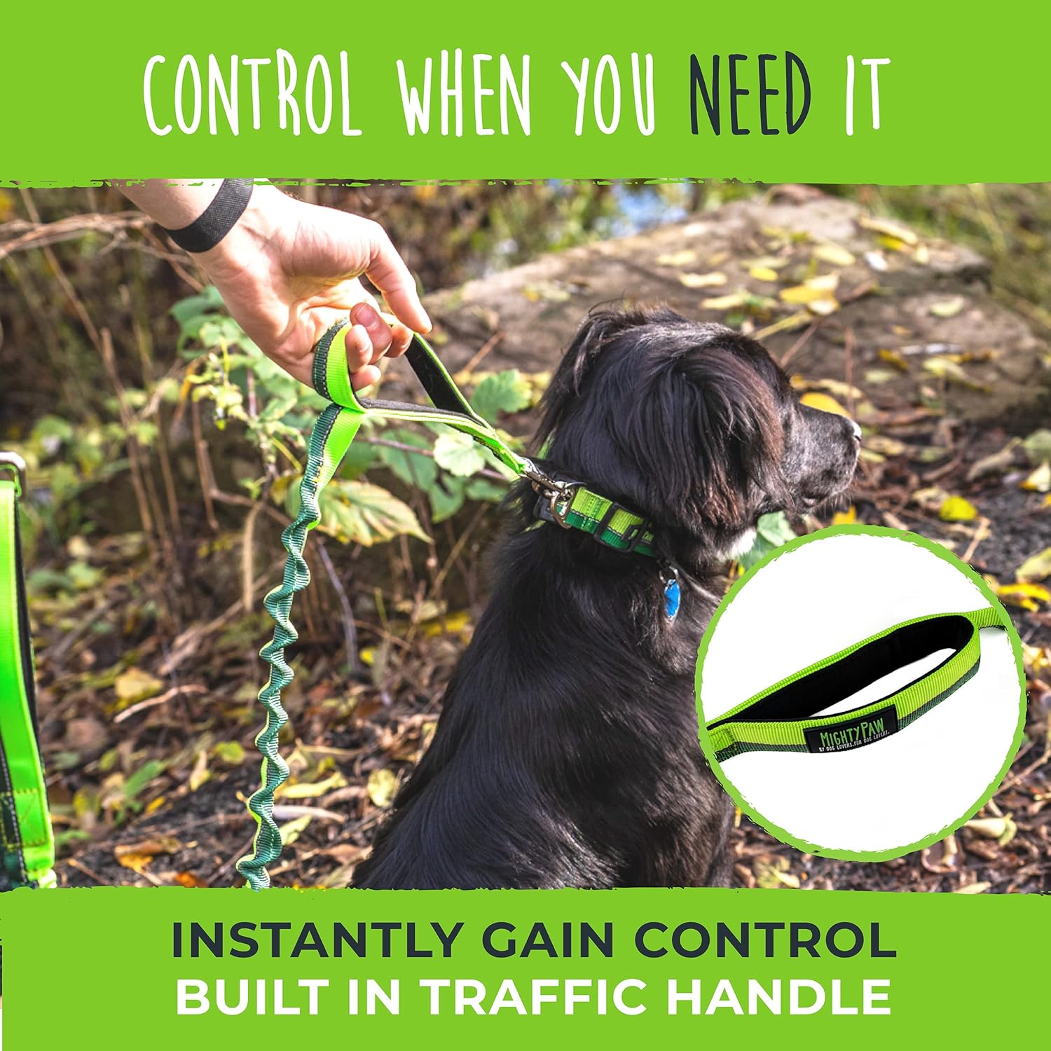 Mighty Paw Hands Free Dog Leash | Bungee Waist Leash for Dog Walking. Pet Running Hands Free Tether for Large, Medium & Small Breeds. Pet Waist Belt (36inch - 48inch) Up to 150 lbs - Green