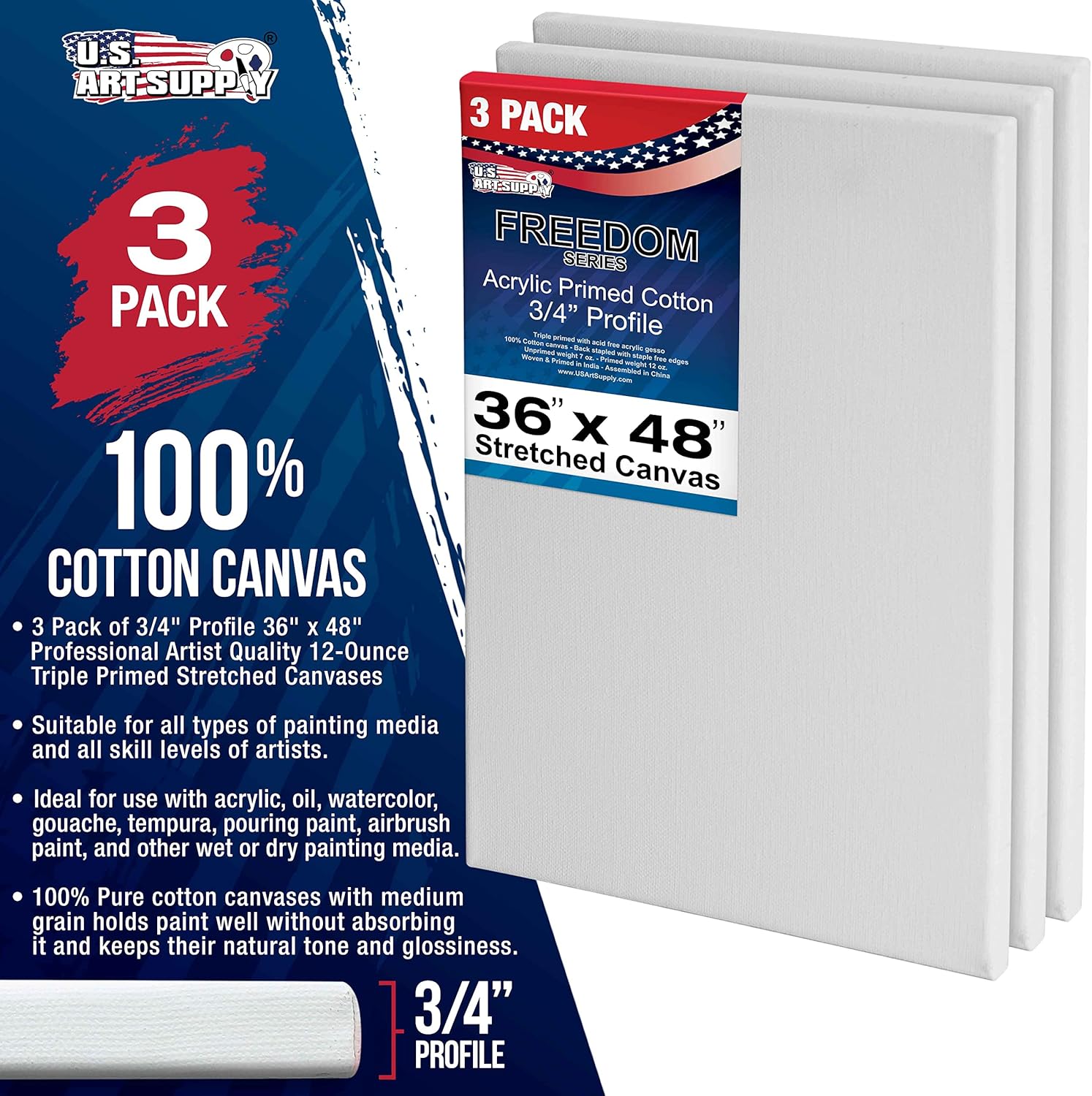 U.S Ar Suppl 3 4 inc Stretche Canva 12-Ounc Tripl Primed 3-Pac Professiona Artis Qualit Whit Blan 3/4inc Profile 100 Cotton Heavy-Weigh Gess Acryli Pouring Oi Painting