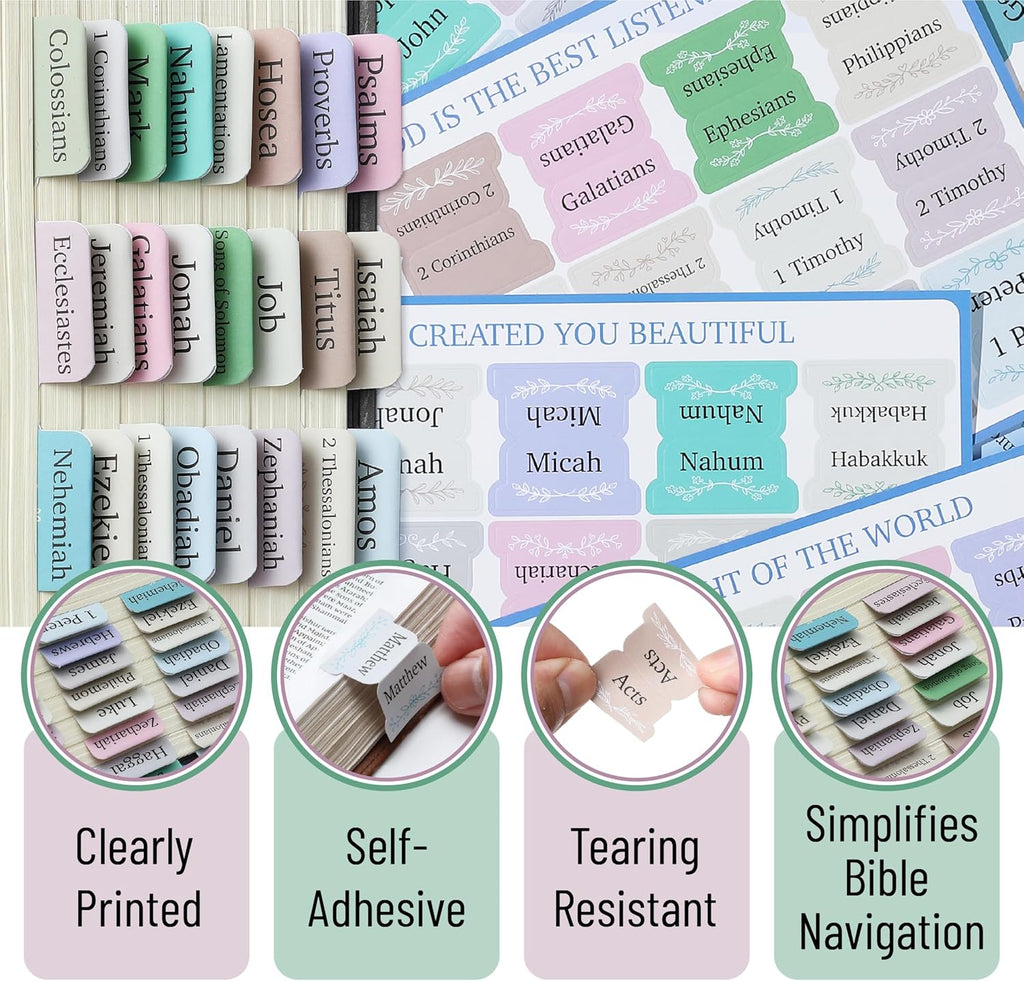 Bible Tabs, 75 pcs, Serenity Scripture, Laminated Bible Tabs for Women and Men