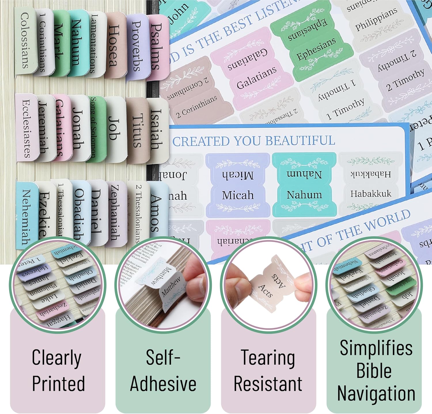 Bible Tabs, 75 pcs, Serenity Scripture, Laminated Bible Tabs for Women and Men