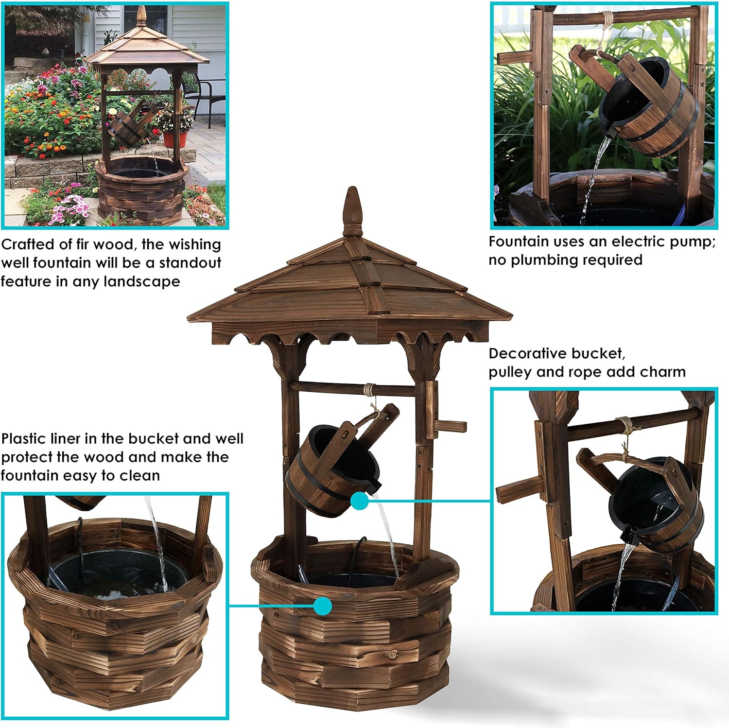 Sunnydaz Electri Wate Fountai Outdoo 48-Inc Old-Fashione Woode Wishin Wel Garde Fountai fo Garden Patio Decks