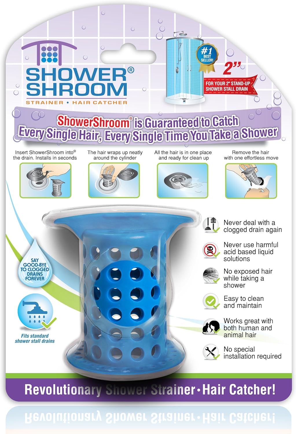 ShowerShroom the Revolutionary 2inch Stand-Up Shower Stall Drain Protector Hair Catcher/Strainer, Blue