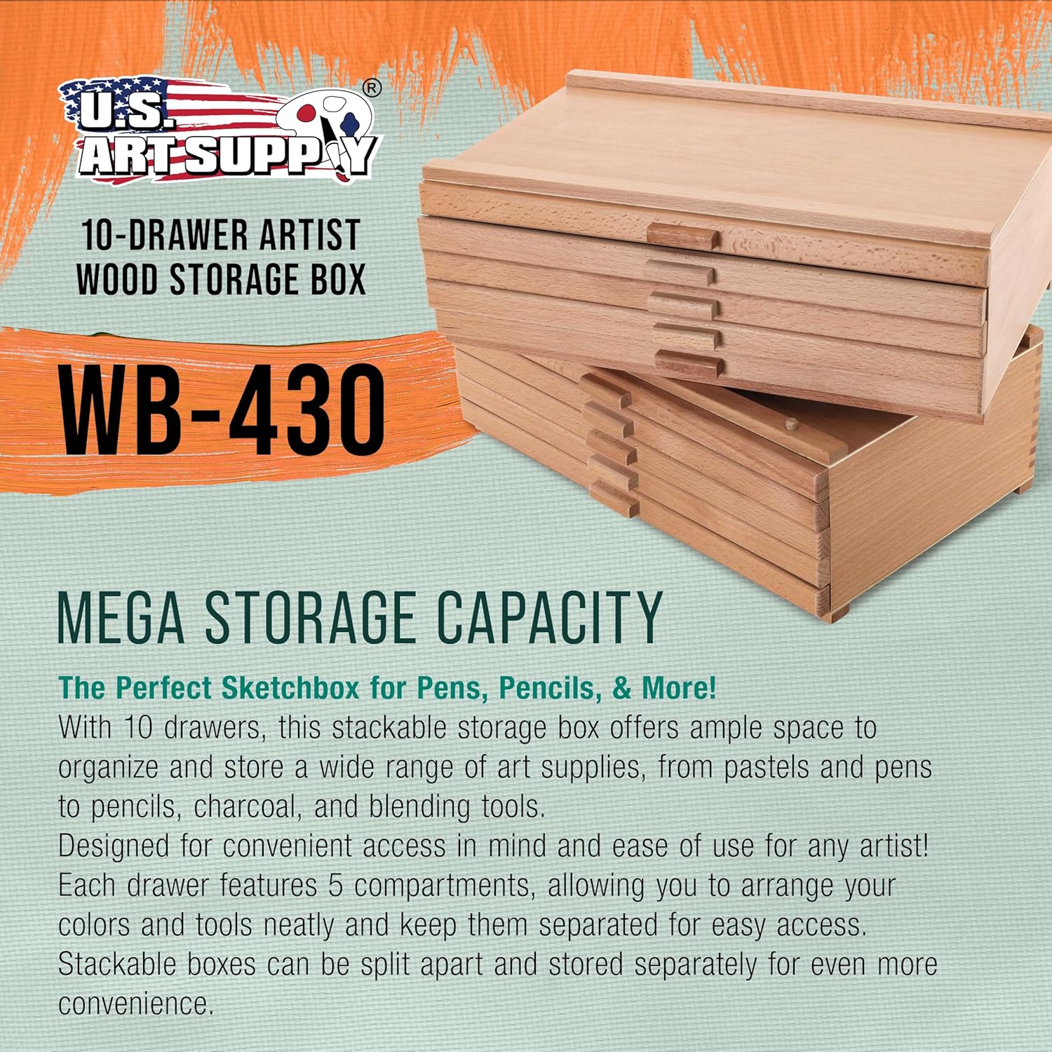 U.S Ar Suppl 10-Drawe Artis Too Suppl Bo wit Compartment pe Drawe Hardwoo Ar Bo fo Artis Supplies Brushes Pencils Erasers Too Storag Organize Case