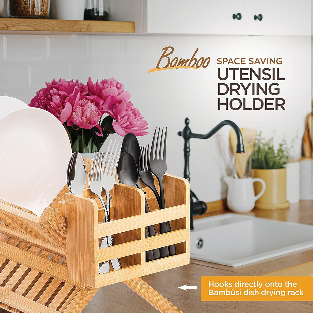 Bamboo Utensil Holder for Dish Rack - Flatware, Cutlery Utensil Drying Caddy with Hooks - Fits BAMBUSI Bamboo Dish Drying Racks