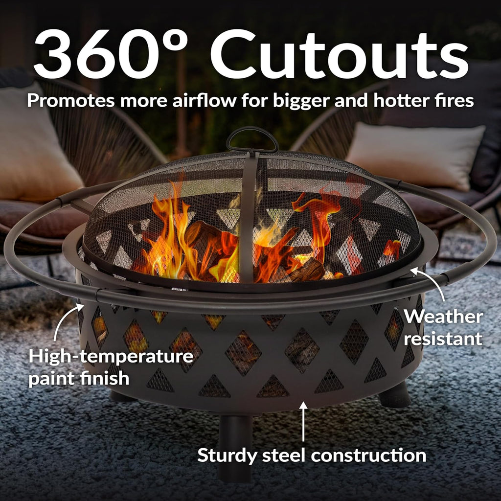 Crossweave Outdoor Fire Pit - Wood-Burning Fire Pit for Outside with Spark Screen, Poker and Round Cover - 30-Inch - Black