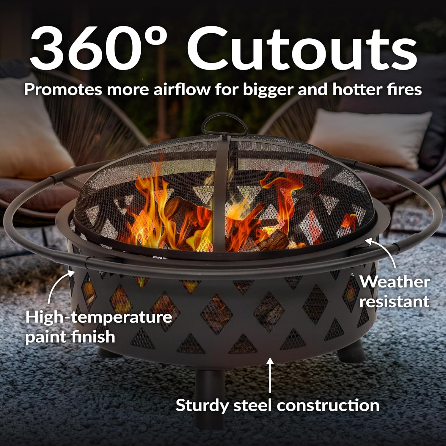 Crossweave Outdoor Fire Pit - Wood-Burning Fire Pit for Outside with Spark Screen, Poker and Round Cover - 30-Inch - Black