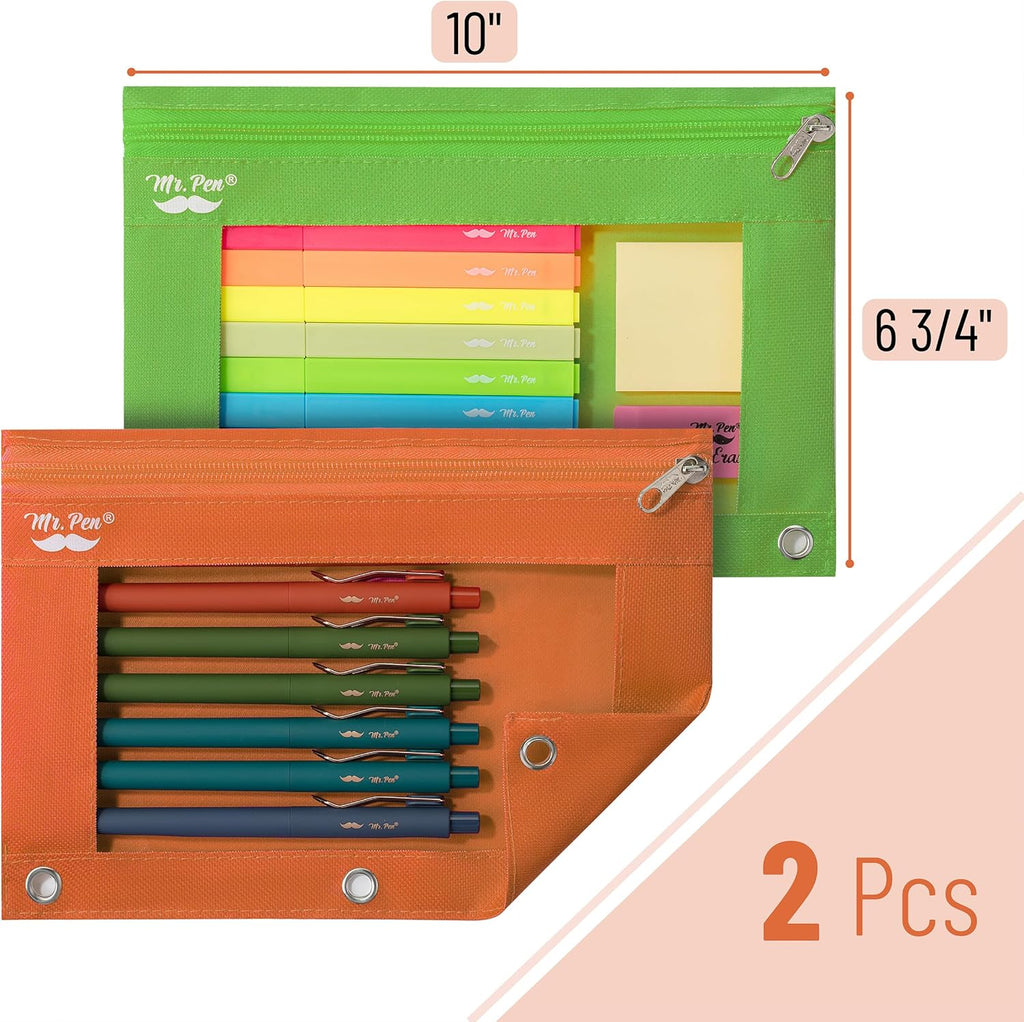 2 Pack Pencil Pouch - Green and Orange Flat Zipper Pouch for 3 Ring Binder