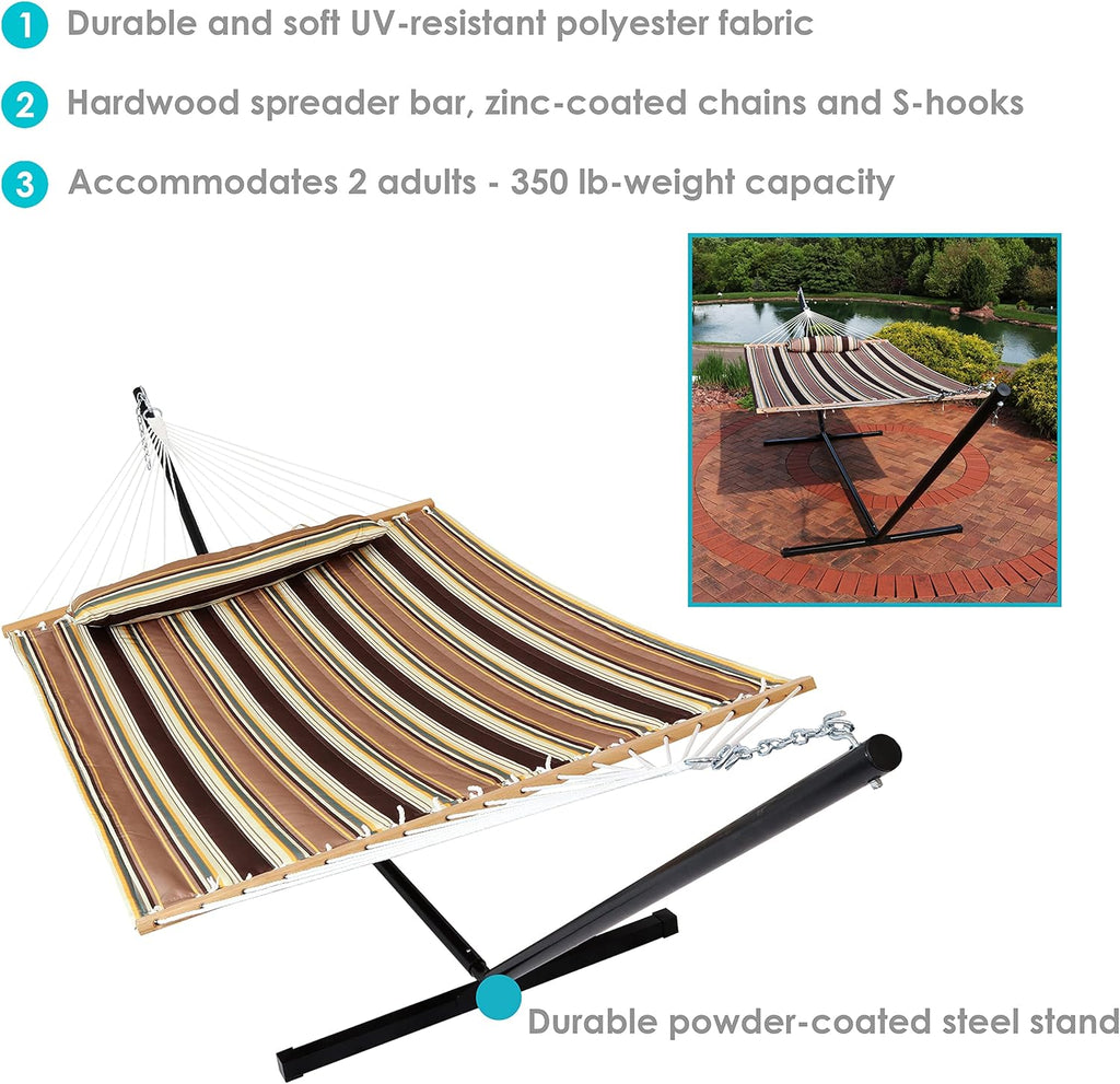 Sunnydaze Quilted Double Hammock with Stand for Outside - 350-Pound Capacity 2-Person Hammock with Stand - 12-Foot Stand - Sandy Beach