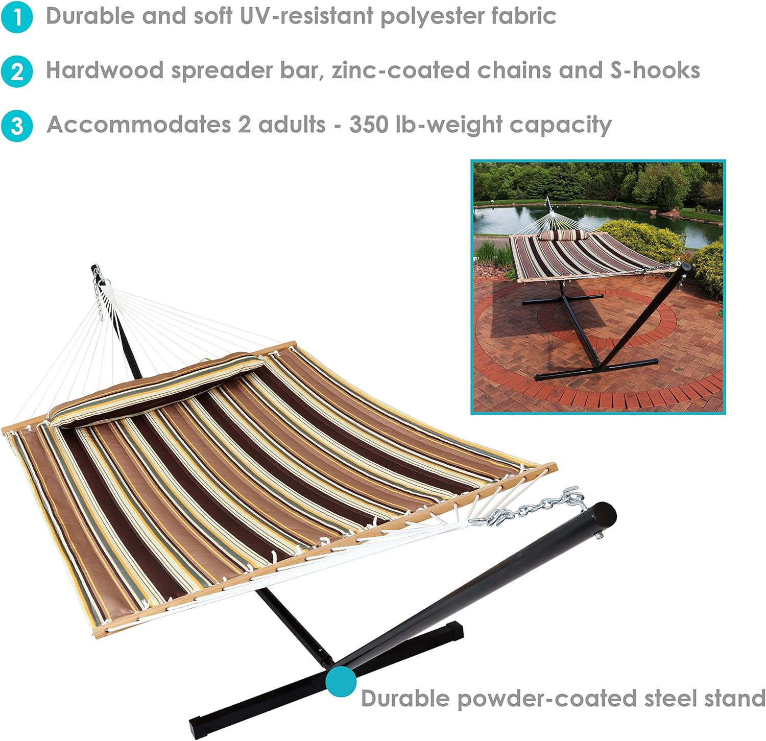 Sunnydaze Quilted Double Hammock with Stand for Outside - 350-Pound Capacity 2-Person Hammock with Stand - 12-Foot Stand - Sandy Beach