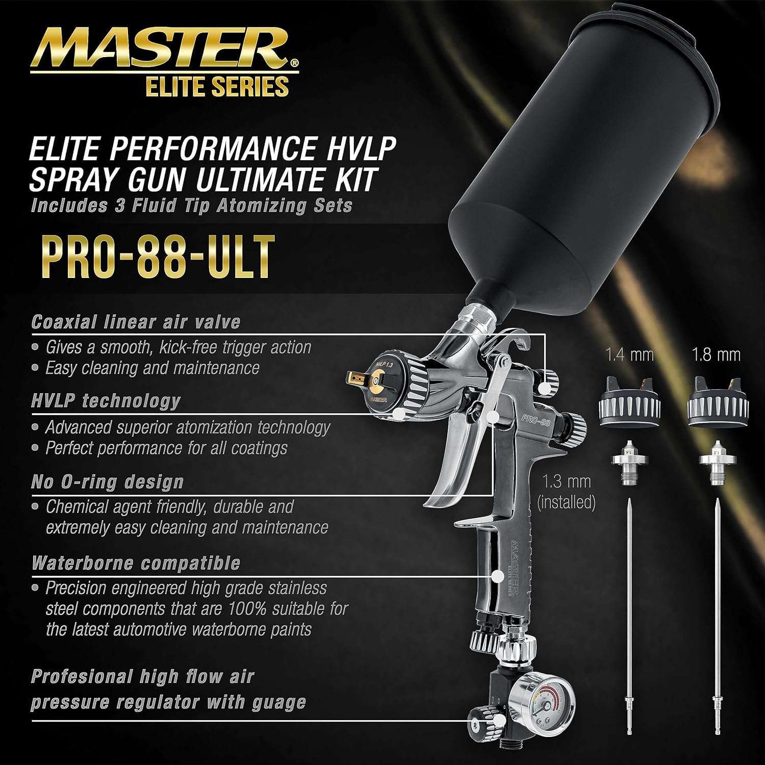 Master Elite Performance PRO-88 HVLP Automotive Spray Paint Gun with 3 Tips 1.3, 1.4 and 1.8mm, 1L Cup, Regulator Gauge, MPS Adapter - Auto Paint Spray Gun for Automotive Basecoats, Clearcoats