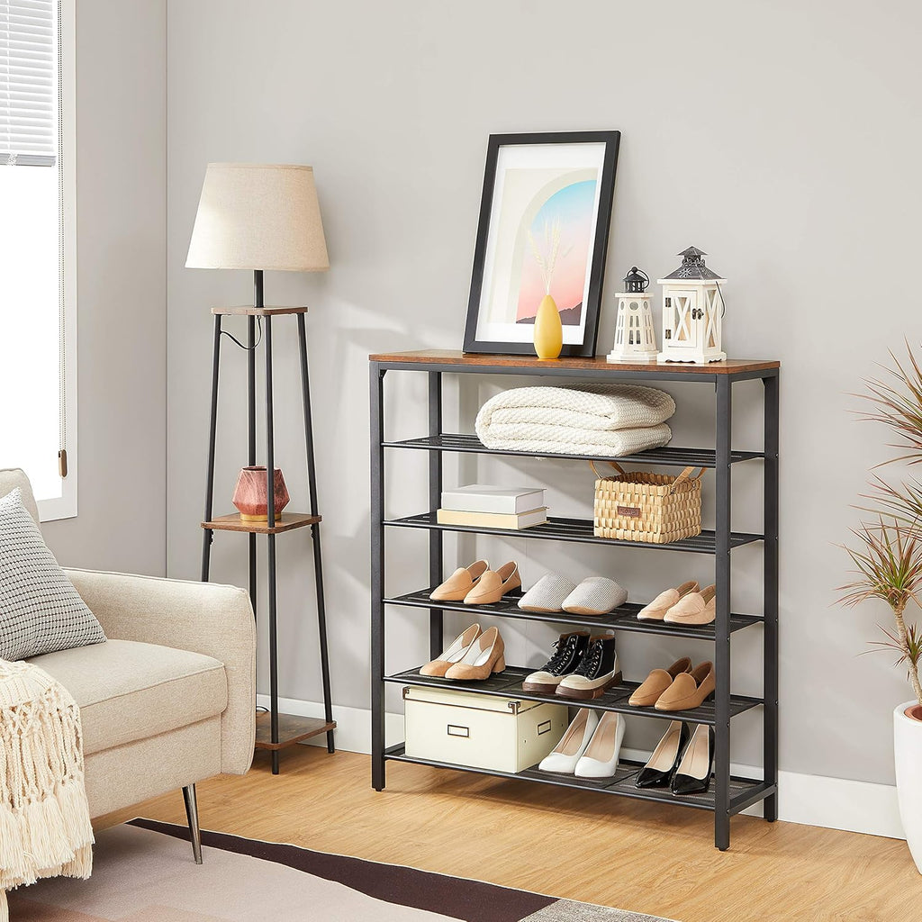 6-Tier Shoe Rack, Shoe Organizer for Closet, Entryway, 24-30 Pairs of Shoes, Large Shoe Rack Organizer with 5 Metal Mesh Shelves, 11.8 x 39.4 x 43.3 Inches, Rustic Brown and Black ULBS016B01