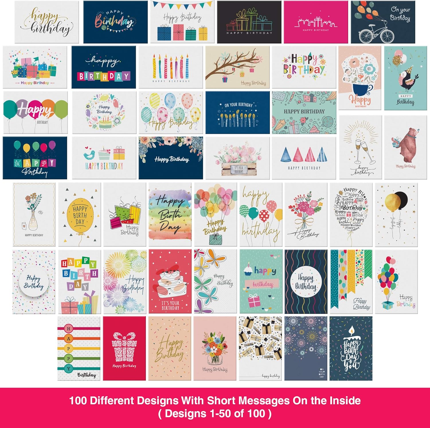Dessie 100 Unique Birthday Cards Assortment with Greetings Inside for Businesses and Individuals.100 Assorted Color Envelopes, Gold Seals, Birthday Calendar in Sturdy Storage Box
