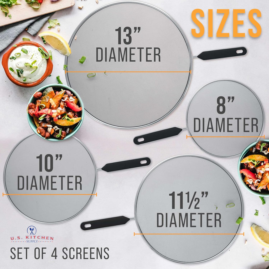 U.S. Kitchen Supply 4-Piece Stainless Steel Splatter Guard Set (13inch, 11.5inch, 10inch,8¡±) Fine Mesh Cover, Grease Oil, Splatter Screen for Frying Pan, Cooking Pots, with Comfort Grip Handles
