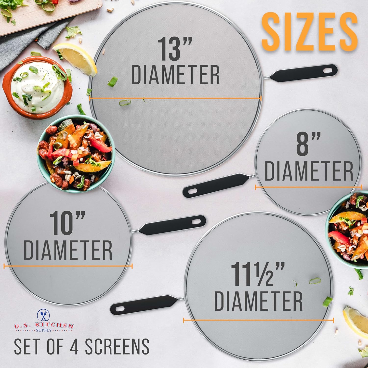 U.S. Kitchen Supply 4-Piece Stainless Steel Splatter Guard Set (13inch, 11.5inch, 10inch,8¡±) Fine Mesh Cover, Grease Oil, Splatter Screen for Frying Pan, Cooking Pots, with Comfort Grip Handles