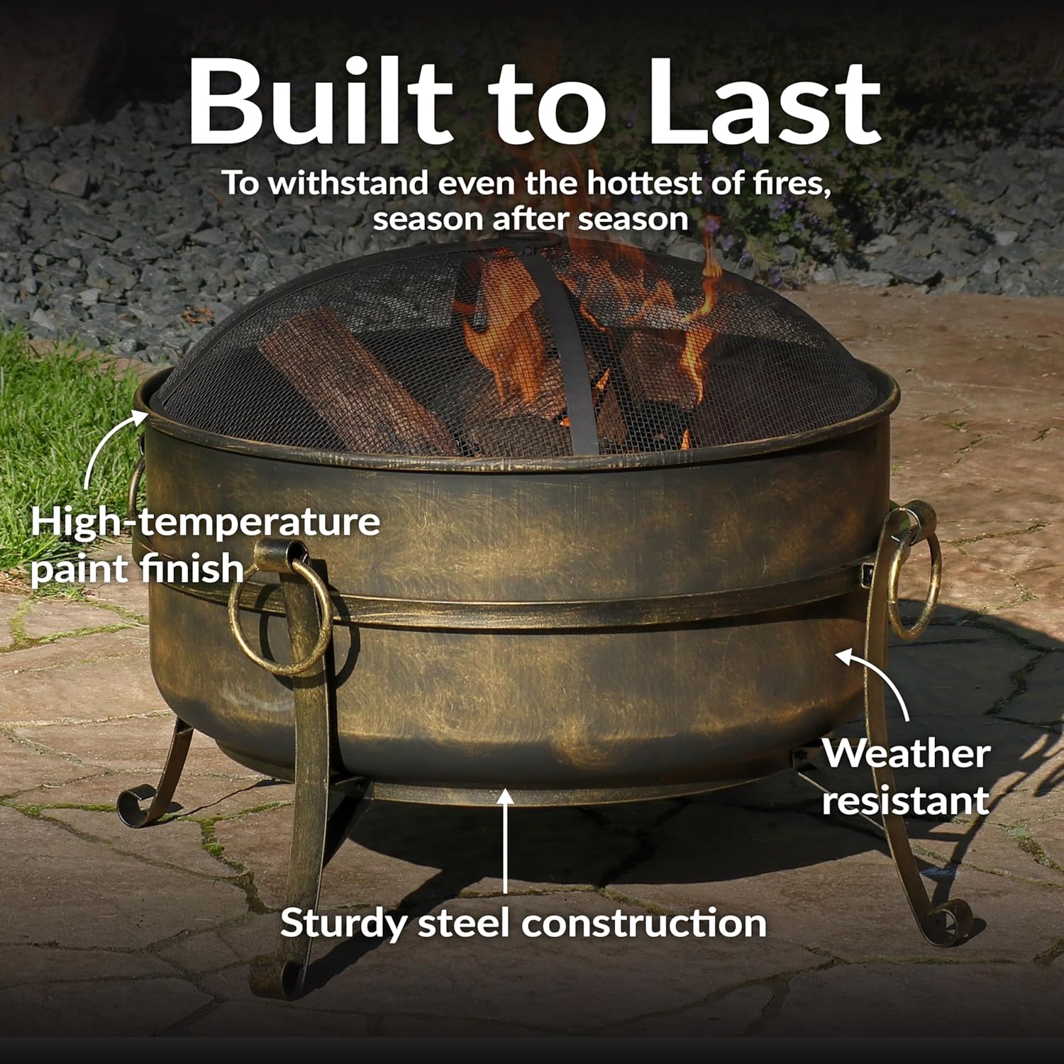 Sunnydaze 24-Inch Small Fire Pit for Outside - Wood-Burning Fire Pit Bowl for Outdoors with Spark Screen, Log Poker, and Grate