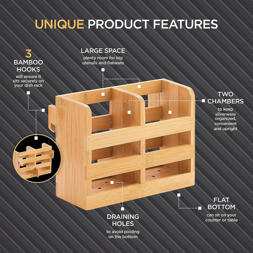 Bamboo Utensil Holder for Dish Rack - Flatware, Cutlery Utensil Drying Caddy with Hooks - Fits BAMBUSI Bamboo Dish Drying Racks