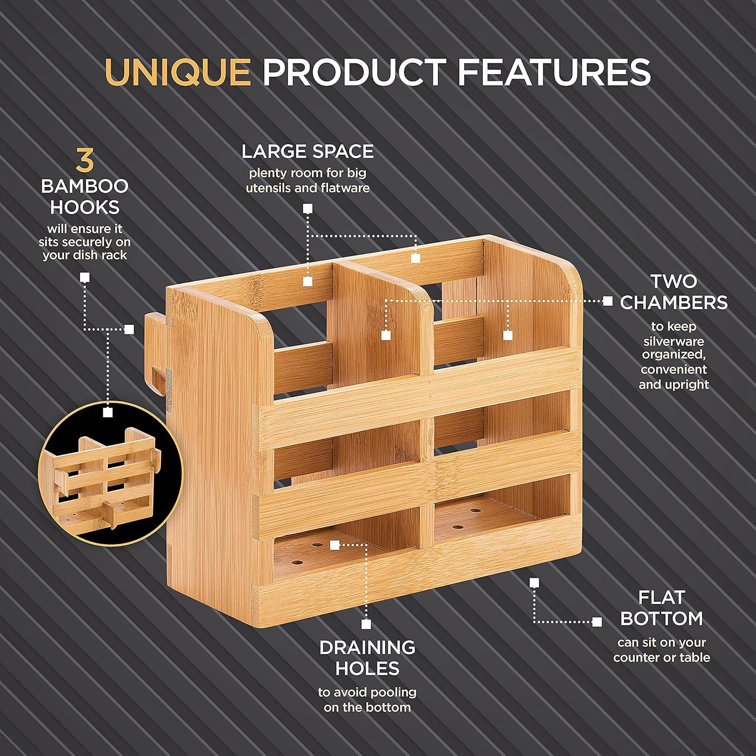 Bamboo Utensil Holder for Dish Rack - Flatware, Cutlery Utensil Drying Caddy with Hooks - Fits BAMBUSI Bamboo Dish Drying Racks